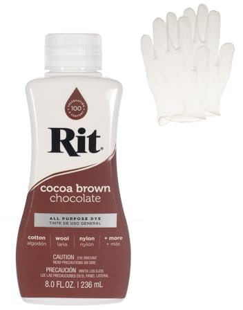 Rit Dye - Tinte líquido para tela, para manualidades, ropa y decoración, botella de 8 onzas, marrón cacao (guantes incluidos)