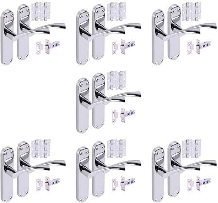 Hunta HANDLEZONE® 7 Sets Lobo Internal Door Handles on Backplate Lever Latch Packs with Ball Bearing Hinges - Polished Chrome