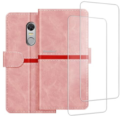 ESACMOT Handyhülle Kompatibel mit TP-Link Neffos X1 Lite + [2 Pack] Displayschutzfolie Glasfolie, Premium Leder Magnet Schutzhülle Case Cover für TP-Link Neffos X1 (5 Zoll) Rosa