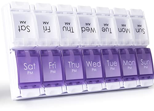 CSTDE Weekly Pill Box Organiser, Large Pill Organiser 2 Times a Day, Travel Tablet Medication Box with Push Button Design for Vitamin, Fish Oil, Supplements