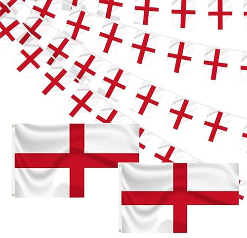 2 England Flags 5ft x 3ft and England Flag Bunting 40m England Bunting Decorations Football Party