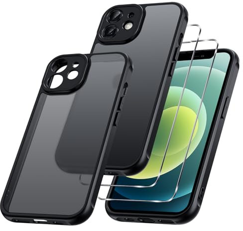 Phoona 3 en 1 Coque Mat pour iPhone 12 6,1 Pouces, avec 2 Verre Trempé Protection écran, Etui Translucide Givrée Arrière Housse Antichoc Case, Cover Anti-Empreintes Digitales, Noir