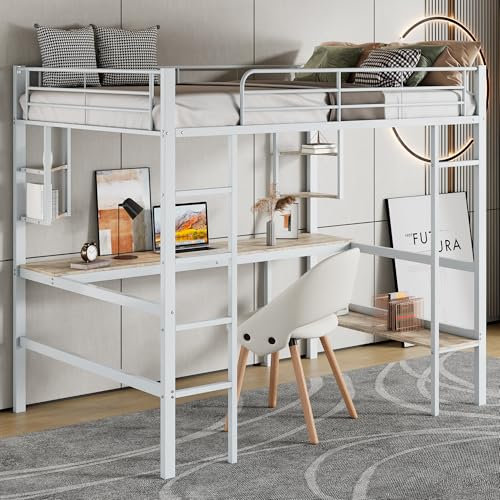 Hochbett Metallbett Einzelbett 90x200 mit Schreibtisch&Bücherregal&4 kleinen Regalen, Kinderbett Etagenbett mit Leiter&Rausfallschutz, Eisenbett Bettgestell für Kinder Jugendliche Erwachsene, Weiß