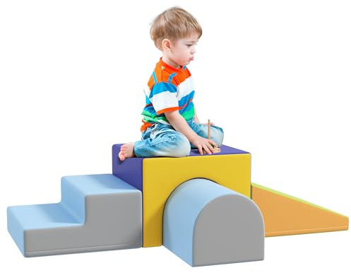 HOMCOM Baby Soft Play Set, 4 Piece Soft Play Equipment for Toddlers 12-36 Months, Climb and Crawl Foam Play, Kids Activity Play Toy, Blue