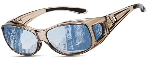 DUCO Herren und Damen Sonnenbrillen Polarisiert Unisex Brille UV400 Schutz Wrap Around Blendschutz Überbrille für Brillenträger Fit-over Polbrille (M Größe Transparent Braun Rahmen Blau Linse)
