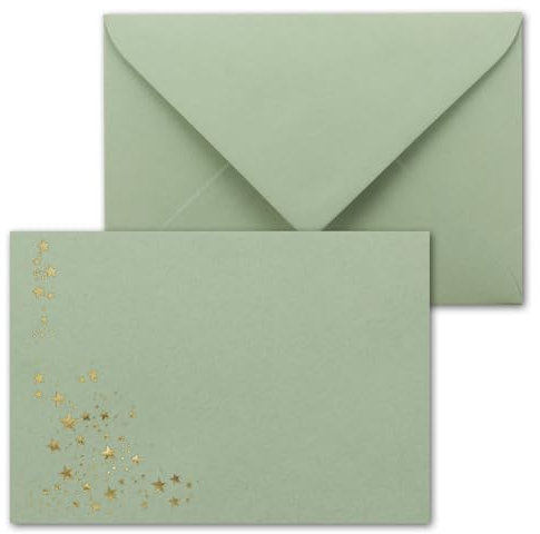 25x Weihnachts-Briefumschläge - DIN C6 - mit Gold-Metallic geprägtem Sternenregen -Farbe: Eukalyptus (Grün)- Nassklebung, 120 g/m² - 114 x 162 mm