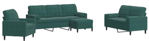 Willood 3 Sitzer + 2 Sitzer Sofa + Sessel + Hocker Sofagarnitur mit Kissen und Nackenrollen Dunkelgrün Samt