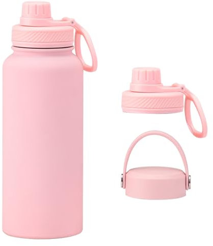 Aiivow Pink 32 OZ Insulated Water Bottle, Large Metal Insulated Stainless Steel Water Flask, Big Sports Travel Water Bottle with 2 Lids, Insulated Thermal Mug Cup