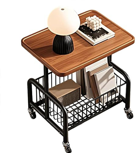 XUDREZ Beistelltisch Rollen, Kontrollierte Stabilität, 48cm Couchtisch Mit Rollen, Beistelltisch Nussbaum Mit Ablagekorb Geeignet für Schlafzimmer, Küche, Salon, Büro, Schule Groß Schwarzbraun
