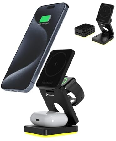 Reagle 3in1 Kabellose Ladestation, Faltbar 15W Qi, Mag-Safe, Kompatibel mit iPhone 12,13, 14, 15, 16, 17 Apple Watch Ultra, AirPods Pro/3/2 – Qi-Zertifiziert, USB-C, LED-Nachtlicht, USB-C, Schwarz