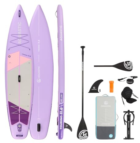 AQUASTIC Touring SUP-Board 11'6 für längere Touren | 350 x 79 x 15 cm, 330 l, bis 130 kg, Violett, mit Kajaksitz, 2-in-1-Paddel, Pumpe, Leash, Finne und Rucksack