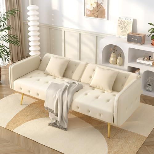 Lcoho Zweisitzer-Multifunktions-Sofabett mit Bettfunktion, Verstellbarer Rückenlehne + mehrstelligen Armlehnen. Modernes Faltsofabett für Wohnzimmer - Veloursbezug. Großzügiger Schlafbereich (Beige)