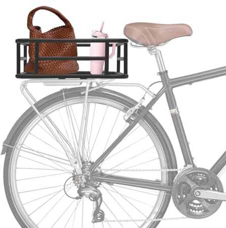 Fahrradkorb Hinten 45,5x32,5x15cm Schwarz mit Cargo Netz Stabiler Gepäckträgerkorb aus Eisen, 16 Befestigungslöcher, 25kg Tragfähigkeit, Hinterradkorb für MTB, Rennrad & Einkaufstaschen