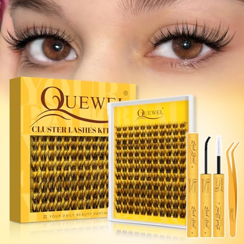 QUEWEL Cluster-Lashes-Kit Natural Look, D Curve Wispy Eyelash Extension Kit | Clear Band Eyelash Clusters with Lash Bond and Seal and Lash Tweezer and Remover, Easy to use at Home (0.03-B）