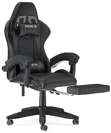 Racingreat Gaming-Stuhl mit Fußstütze, PC Gaming Stuhl mit Polsterung und Kopfstütze, 90°-155° Neigung und Höhenverstellung, Zocker Stuhl für Gamer Büros Familien Erwachsene Jugendliche (Schwarz)