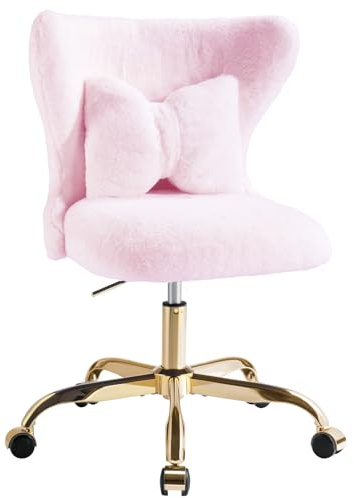 Eufurnibi Schminktisch Stuhl mit Rollen Gold, Schreibtischsessel Mädchen, Drehstuhl Home Office mit Kissen, Höhenverstellbarer, Rosa