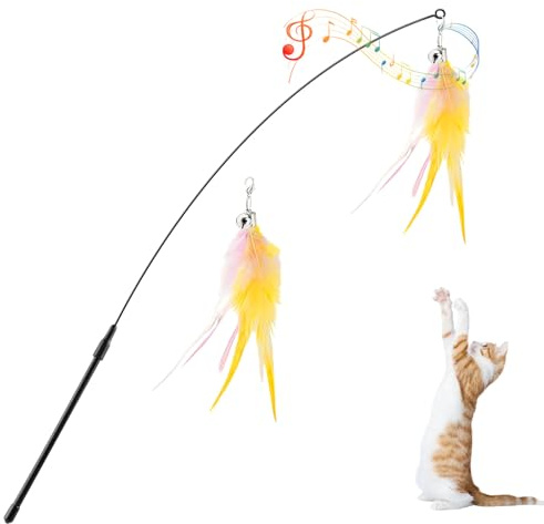 Pawaboo Jouet Interactif pour Chat, Baguette à Plumes avec Grelot | Jouet canne à plumes pour chat, Baguette extra-longue ( 34,5 po) pour jeux de poursuite et exercice, Rose + Blanc + Jaune