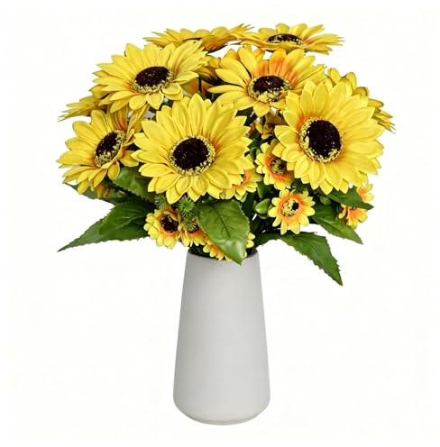 HOPEME Artificial Sunflower Table Centerpiece with 6-inch White Ceramic Vase, 13 Inch Faux Sunflower Arrangement with Daisies and Eucalyptus Plants for Farmhouse Home Décor
