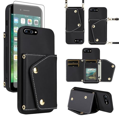 ELISORLI Wallet Case for iPhone 7plus 8plus 7/8 Plus & Screen Protector Slim Flip Purse Shoulder Strap, PU Leather Card Holder Stand Phone Cover for i Phone7s 7s + 7+ 8s 8+ Phones8 7p 8p Black