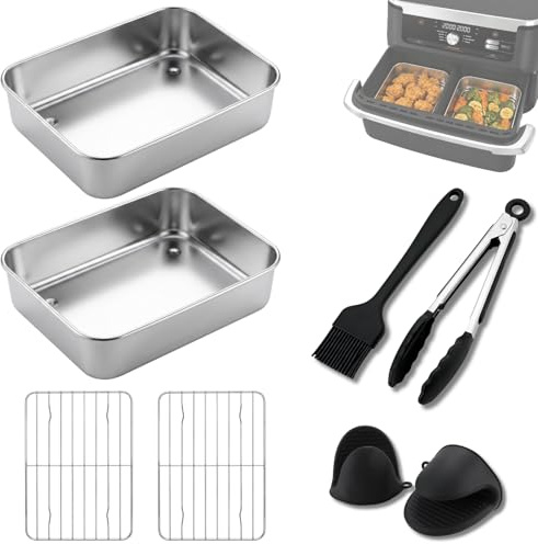 8-Piece Airfryer Accessory Set Compatible with Ninja Dual Zone & FlexDrawer AF400/451/500EU, DZ400EU - 2 x Stainless Steel 304 Casserole Dishes, 2 x Cooking Grate, Oil Brush, Tongs & Heat Glove