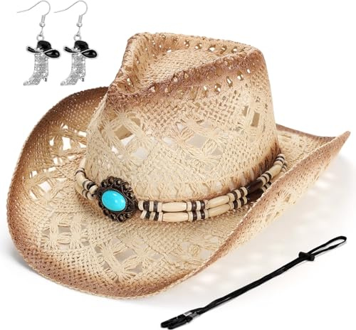Geebuzz Straw Cowboy Hat for Women, Western Cowgirl Hats with Boot Earrings, Brim Summer Beach Hat (Beige-a)