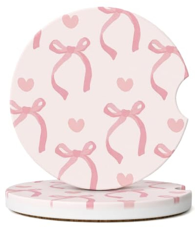 QIANSSE 2PCS Pink Bow Car Coasters for Cup Holders | Ceramic car coasters, finger notch design, anti-slip, cute car decor for women, ideal girls gift, daily car essentials