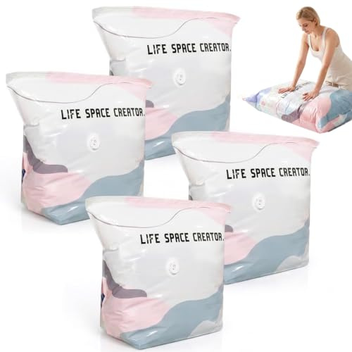 Vakuumbeutel Ohne Pumpe, 4 Pack Vakuumbeutel fur Kleidung, Vacuum Bags for Clothing, No-Pump Vacuum Storage Bags, Wiederverwendbare Reisen Versiegelungsbeutel fur Kleidung, Bettdecken