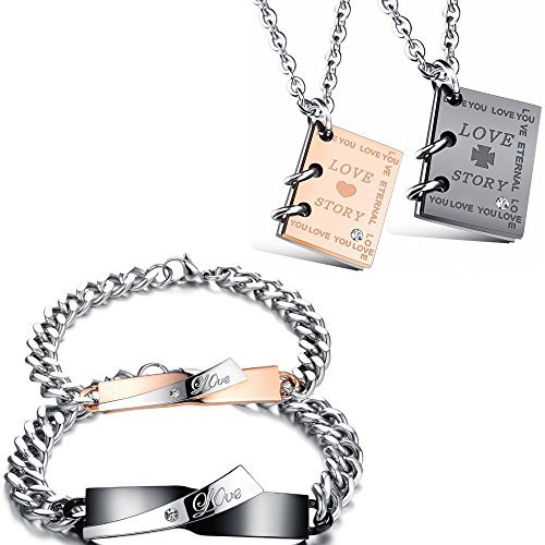 Kim Johanson Edelstahl Pärchen Schmuckset Armbänder & Ketten Lovebook für verliebte Roségold & Schwarz mit Cubic Zirkonia inkl. Schmuckbeutel