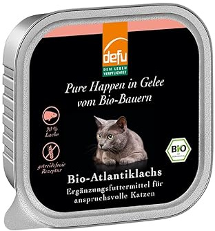 defu Katzenfutter | 16 x 100 g | Bio Atlantiklachs Pure Happen in Gelee | Premium Bio Ergänzungsfuttermittel für Katzen
