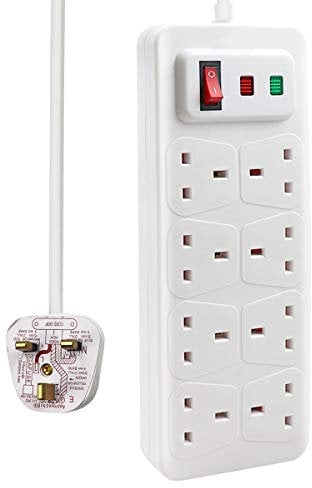 EXTRASTAR Universal Extension Lead, 8 Way Outlets Surge Protection Power Strips with Switch, Wall Mounted 13A/MAX.3120W Fused UK Power Socket (2M, White)
