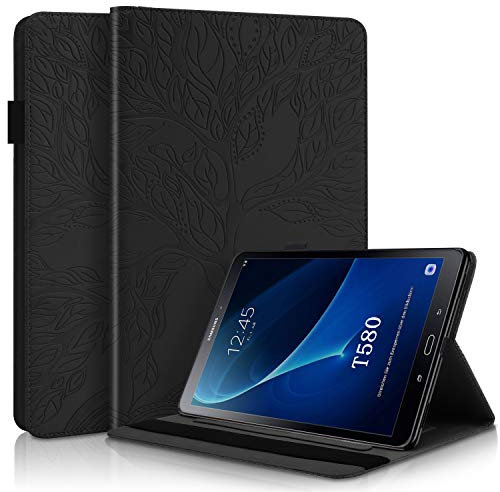 Aswant Custodia Samsung Tab A6 Cover in Pelle PU Albero in Rilievo Portafoglio Flip Stand Case con Porta Penna Slot Schede Custodia Tablet per Samsung Galaxy Tab A 2016 10.1 SM-T580/SM-T585 Nero
