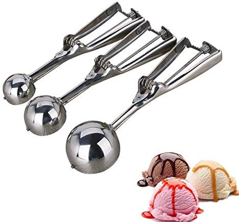 Ice Cream Scoop Set, 3 Pcs Stainless Steel Ice Cream Scoop with Trigger - Melon Scoop Cookie Scoop Food Baller Spoon