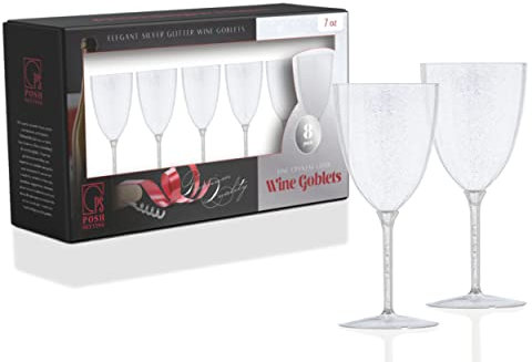 Posh Setting 7oz Silver Glitter Plastic Wine Glasses for Party (8Pack) Plastic Party Wine Glasses, Plastic Reusable Wine Glasses Plastic Stemware, Plastic Wine Glasses Disposable Acrylic Wine Glasses