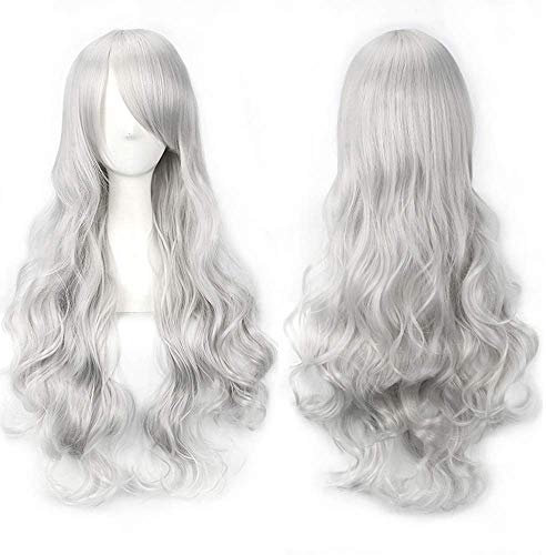 YEESHEDO Silber Grau Cosplay Perücke für Frauen Langes Gewelltes Haar Synthetische Perücken mit Pony für Halloween Party Kostüm Anime 32 Zoll 80 cm
