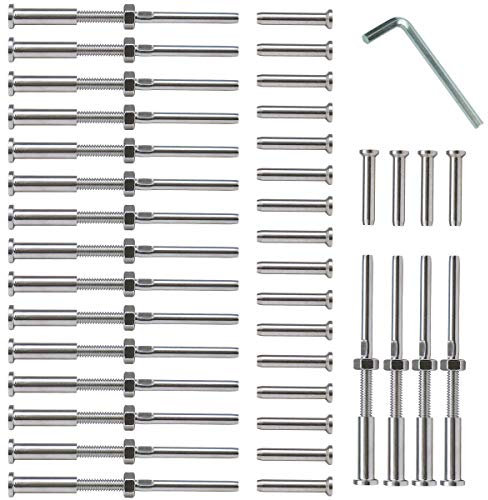 WOVELOT 20 paia di cavi in acciaio inox 316 grado per ringhiera, bullone di tensione e terminale piatto Stemball per cavo 1/8