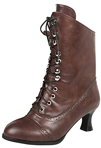 Eogrokerr Steampunk, stivali stile gotico vintage, in pelle, con tacco Louis, con lacci, lunghezza polpaccio, stivali vittoriani, per donne e donne, Marrone, 39