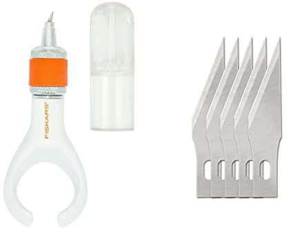 FISKARS Cutter index de précision à lame pivotante, Convient aux droitiers et aux gauchers, Longueur totale: 17,6 cm, Acier/Plastique, Blanc & Lames de rechange originales, n°11, 5 unités, Argent