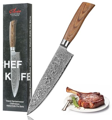 Wakoli EDIB Pro Premium Damast Chefmesser – 20 cm Profi Kochmesser aus 67 Lagen Damaststahl mit VG10-Kern, ergonomischer Pakkaholzgriff, präzises Schneiden, Geschenkbox