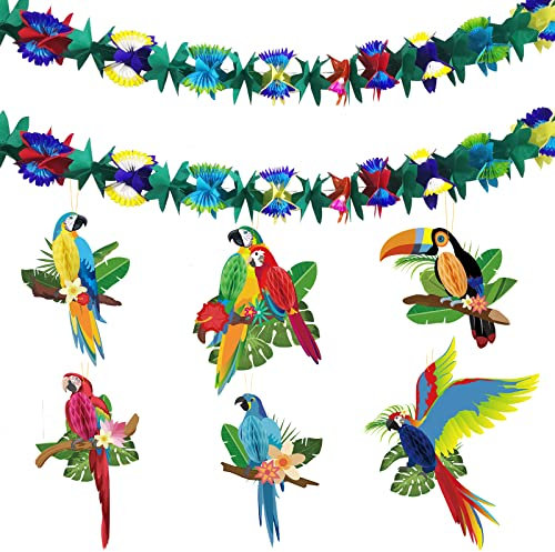 DUGYIRS 6 Stück Tropischer Vögel Deko Seidenpapier Wabenkugeln Papageienwaben Tukane und 2 Stück Girlande aus Papier für Luau Party Kindergeburtstag Tropische Partydekorationen