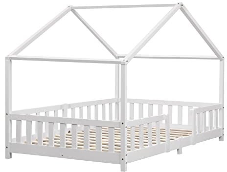 [en.casa] Kinderbett Treviolo Hausbett 120 x 200 cm Holzbett für Kinder mit Rausfallschutz Montessori Bettgestell mit Lattenrost Kiefernholz Weiß