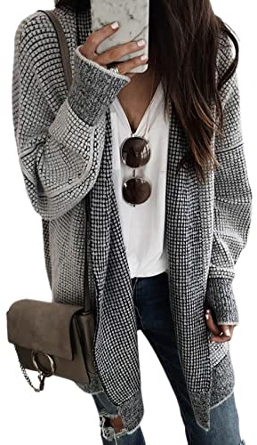 Sidefeel Cardigan Sweaters for Women Long Sleeve Open Front Chunky Knit Fall Outfits Oversized Long Cardigans Trendy Checkered Sweaters Winter Coats Gray Medium
