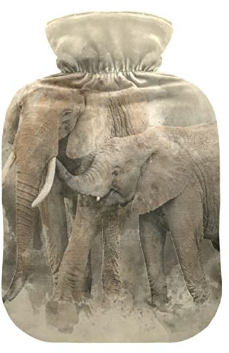 YOUJUNER Hot Water Bottle with African Wild Elephant Cover 2 Litre Large Hot Water Bag Warm Comfort Hand Feet Warmer