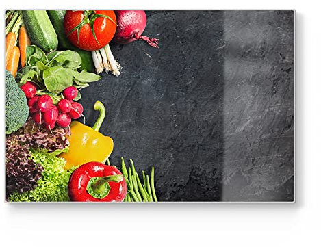 DEQORI Schneidebrett aus Glas | groß 30x20 cm | Motiv Schiefertafel mit Gemüse | Design Schneideplatte für Küche | Frühstücksbrett antibakteriell & rutschfest | Glasplatte & Servierplatte