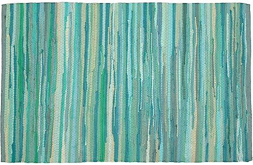 Bedding Craft Chindi-Teppich, handgefertigt, gewebt, 61 x 91,4 cm, rechteckig, wendbar, Bauernhaus-Teppich, geflochtene Chindi-Baumwolle, Türkis / mehrfarbig