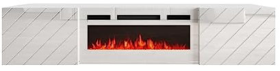 Homlando Meuble TV suspendu Roxy 183 cm - Meuble TV moderne avec espace de rangement pour le salon - Buffet - Cheminée électrique (blanc mat/blanc brillant avec cheminée électrique blanche)