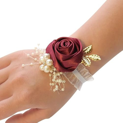 Hochzeit Handgelenk Blumen,Blumenarmband Hand Rose Blumen Perle Armband Hochzeit Blumen Handgelenk Corsage Armreif für Frauen Mädchen Geschenk Braut Brautjungfer Weihnachten Prom Party -Weinrot