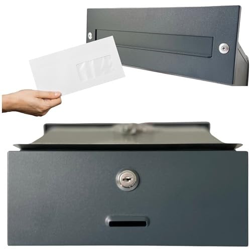 HUW - Stahl Mauerdurchwurf Briefkasten zum Einbau - Tiefe: 16-30 cm - A4 - Korrosionsbeständigkeit - Witterungseinflüsse - 2 Schlüssel Schloss - Einbaubriefkasten - Durchwurfbriefkasten - Graphit