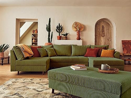 Lisa Design Rune – Wohnlandschaft Links – 7-Sitzer – mit hocker – aus Cord Grün