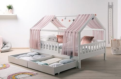 TiCAA Kinderbett 90x200 mit Zwei Schubladen mit Rausfallschutz und Rolllattenrost - Hausbett 90x200 Dachgestell für Jungen & Mädchen - Kinder Haus Bett aus Kiefernholz für Kinderzimmer Weiß