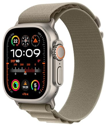 Apple Watch Ultra 2 GPS + Cellular 49mm Smartwatch con robusta cassa in titanio e Alpine Loop oliva - Medium. Fitness tracker, GPS di precisione, tasto Azione, batteria a lunghissima durata